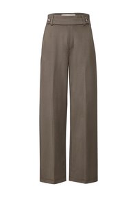Wide-leg trousers in a muted olive green color, featuring a smooth fabric, two front buttons, and structured waistband for a tailored look.
