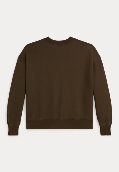 Sweatshirt castanho com um decote redondo, punhos e aba canelados, apresentando uma textura suave e um caimento descontraído. Sem gráficos ou padrões.