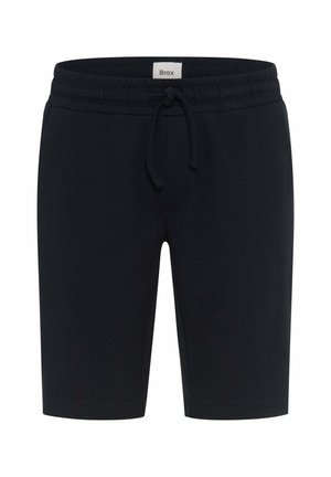 Schwarze knielange Shorts mit elastischem Bund und Kordelzug, aus Rippstoff, Markenetikett "Brax" innen am Bund.