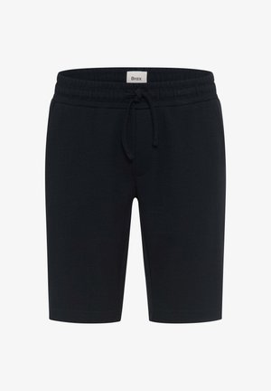 Schwarze knielange Shorts mit elastischem Bund und Kordelzug, aus Rippstoff, Markenetikett "Brax" innen am Bund.