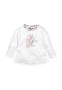 Biała koszulka niemowlęca z długim rękawem, z kwiatowym nadrukiem i pastelowym kołnierzykiem, z różowymi i zielonymi kwiatami oraz napisem "magiczne kwiaty".