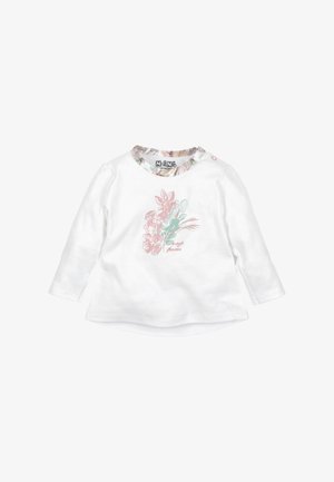 Hvid langærmet babytrøje med blomsterprint og pastelfarvet krave, med pink og grønne blomster samt teksten "magiske blomster".