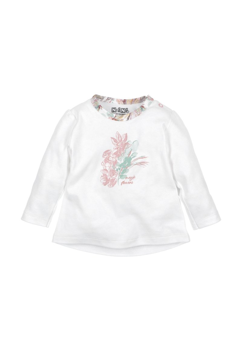 Biała koszulka niemowlęca z długim rękawem, z kwiatowym nadrukiem i pastelowym kołnierzykiem, z różowymi i zielonymi kwiatami oraz napisem "magiczne kwiaty".
