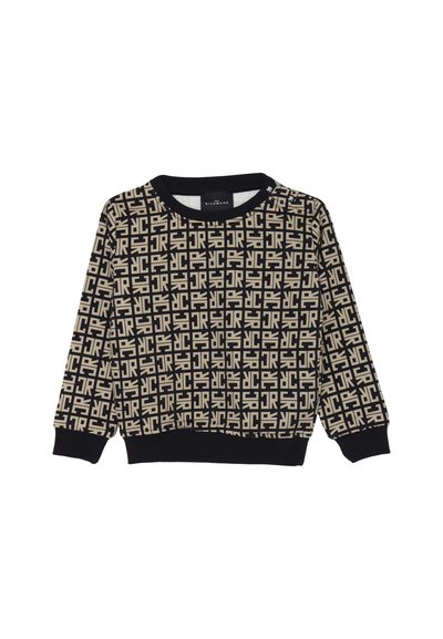 Felpa nera con motivo geometrico beige, polsini e scollatura a coste, con un importante dettaglio del logo sulla spalla. Realizzata in tessuto morbido.