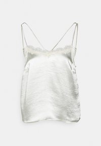 Silk camisole in off-white with thin spaghetti straps and a delicate lace trim along the neckline. Smooth texture with a slight shimmer.