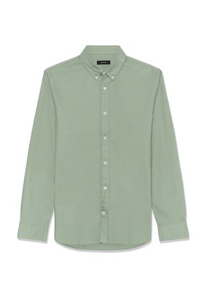 Világoszöld, gombos ing hegyes gallérral, hosszú ujjakkal és öt gombbal. Puha, könnyű anyagból készült, sima textúrával.