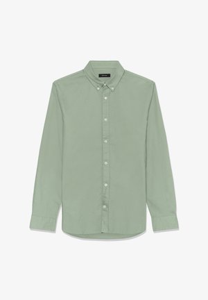 Világoszöld, gombos ing hegyes gallérral, hosszú ujjakkal és öt gombbal. Puha, könnyű anyagból készült, sima textúrával.