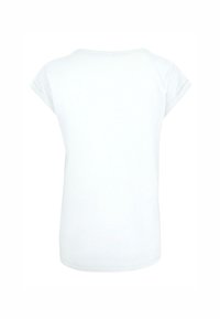 Weißes T-Shirt mit kurzen Ärmeln, runder Ausschnitt und hochgerollten Ärmeln, gefertigt aus weichem Stoff mit einer glatten Textur.