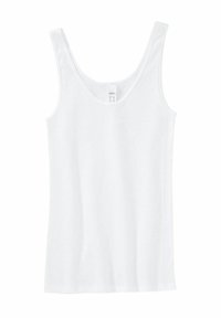 White sleeveless tank top with a scoop neck. Made of soft cotton, featuring a smooth texture and simple design without patterns or accents.