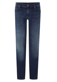 Jeans i mörkblå denim med en klassisk rak passform, featuring framfickor, dragkedjestängning och subtil blekning på låren.