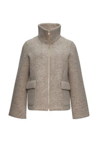 Veste en mélange de laine beige avec un col haut, une fermeture éclair sur le devant, deux poches plaquées et des manches larges. Tissu texturé avec un motif subtil.
