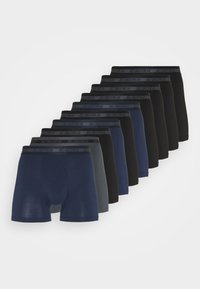 Paquete de diez calzoncillos tipo bóxer para hombre en varios colores: azul oscuro, navy, gris y negro. Presenta una tela suave y una cinturilla elástica con marca.