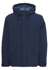Marine vanntett jakke med hette, med glidelås, to frontlommer, elastiske mansjetter og en glatt innfôr.