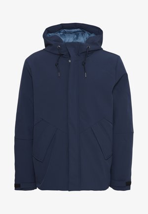 Navy waterproof jacket with a hood, featuring a zip closure, two front pockets, elastic cuffs, and a smooth inner lining.