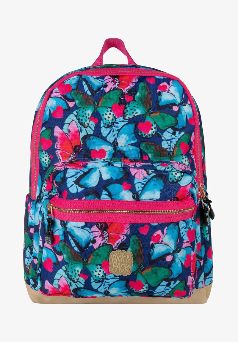 Butterfly-patterned backpack with a navy background, features vibrant pink accents, a front zip pocket, and a beige base.