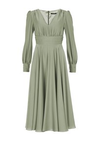 Robe à manches longues, longueur genoux, en vert olive, avec une taille froncée, un décolleté en V et un tissu doux et lisse avec un léger éclat.