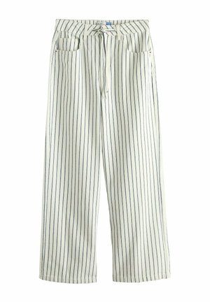 Biele široké nohavice s tenkými vertikálnymi námorníckymi pruhmi, predné vrecká, púzdra na opasok a šnúrkové zapínanie v páse.