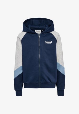 Dreng stående, iført navy og grå lynlåshættetrøje, stribet skjorte, lysegrå joggingbukser og blå sneakers mod ensfarvet baggrund.