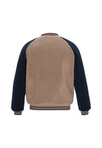 Fleecejakke med en lysebrun krop og navyfarvede ærmer, ribstrikkede manchetter og kant, med en blød tekstur og raglanærme-design.