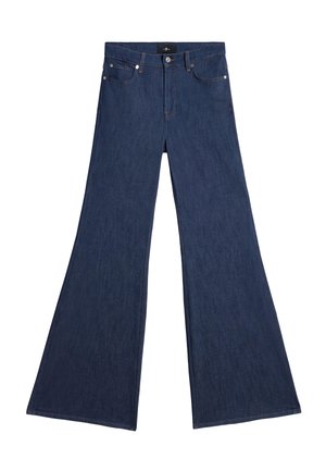Jean denim bleu foncé taille haute avec jambes évasées larges, fermeture par bouton et fermeture éclair, poches avant et arrière.
