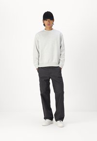 Felpa grigia con collo a giro, cappellino nero, pantaloni cargo scuri con tasche laterali e sneaker bianche. Design semplice e casual con accenti minimi.