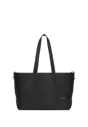 Schwarze Leder-Shopper-Tasche mit zwei langen Griffen, rechteckiger Form und kleinem Markenlogo auf der unteren rechten Seite.