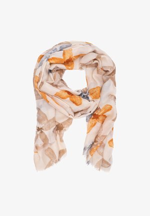 Sciarpa in tessuto leggero con un motivo astratto nelle tonalità di arancione, grigio e beige. I bordi sono frangiati per un effetto texture.