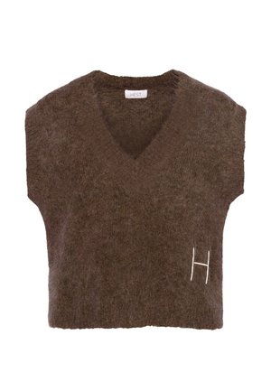 Brun, myk, strikket ermeløs genservest med V-hals og liten hvit "H"-brodering på nedre frontside.