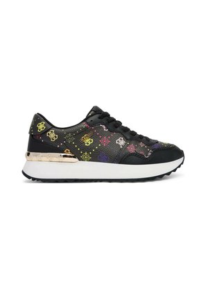 Sneaker in pelle nera con motivi di logo multicolore, lacci neri, suola spessa bianca e dettaglio metallizzato oro sul tallone.