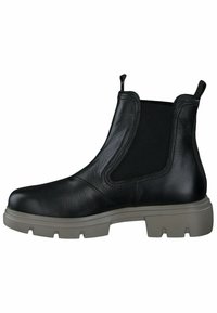 Bottine en cuir noir avec des côtés élastiques, finition texturée et une semelle en caoutchouc gris épaisse. Dotée de tirettes pour un enfilage facile.