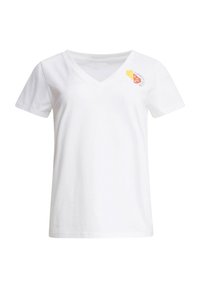 White cotton T-shirt with a V-neck, short sleeves, and a printed graphic featuring yellow and red accents on the left chest.