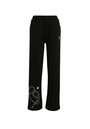 Black sweatpants made of soft fabric featuring an elastic waistband and white graphic detailing on the lower left leg.