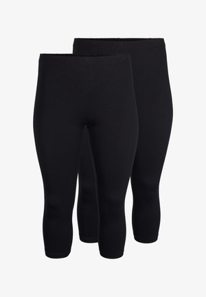 Melnas legingu komplekts ar pieguļošu, elastīgu dizainu un augstu jostasvietu. Gluda tekstūra, ceļa garuma griezums, vienkāršs un daudzveidīgs stils.