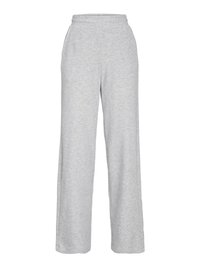 Gray sweatpants with an elastic waistband, wide legs, and a soft texture. Features pockets on both sides and a simple design.