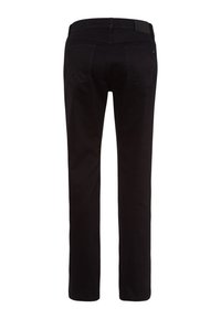 Jeans negros de corte recto, con una textura suave, detalles de costura sutiles y dos bolsillos traseros.