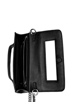 Black leather wallet with a zipper closure, a rectangular cutout, chain strap, and multiple inner compartments. Smooth texture and minimal hardware.