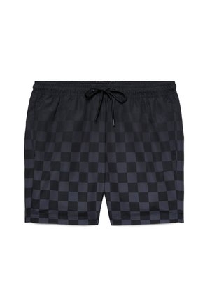 Costume da bagno a quadri neri e grigio scuro con fascia elastica in vita e laccio nero regolabile sul davanti.