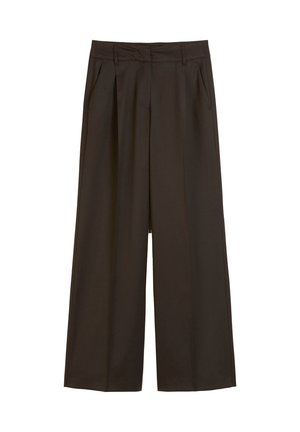 Pantalons larges en marron foncé, avec un devant plissé, une texture lisse et des poches latérales. Style ajusté avec un design épuré.