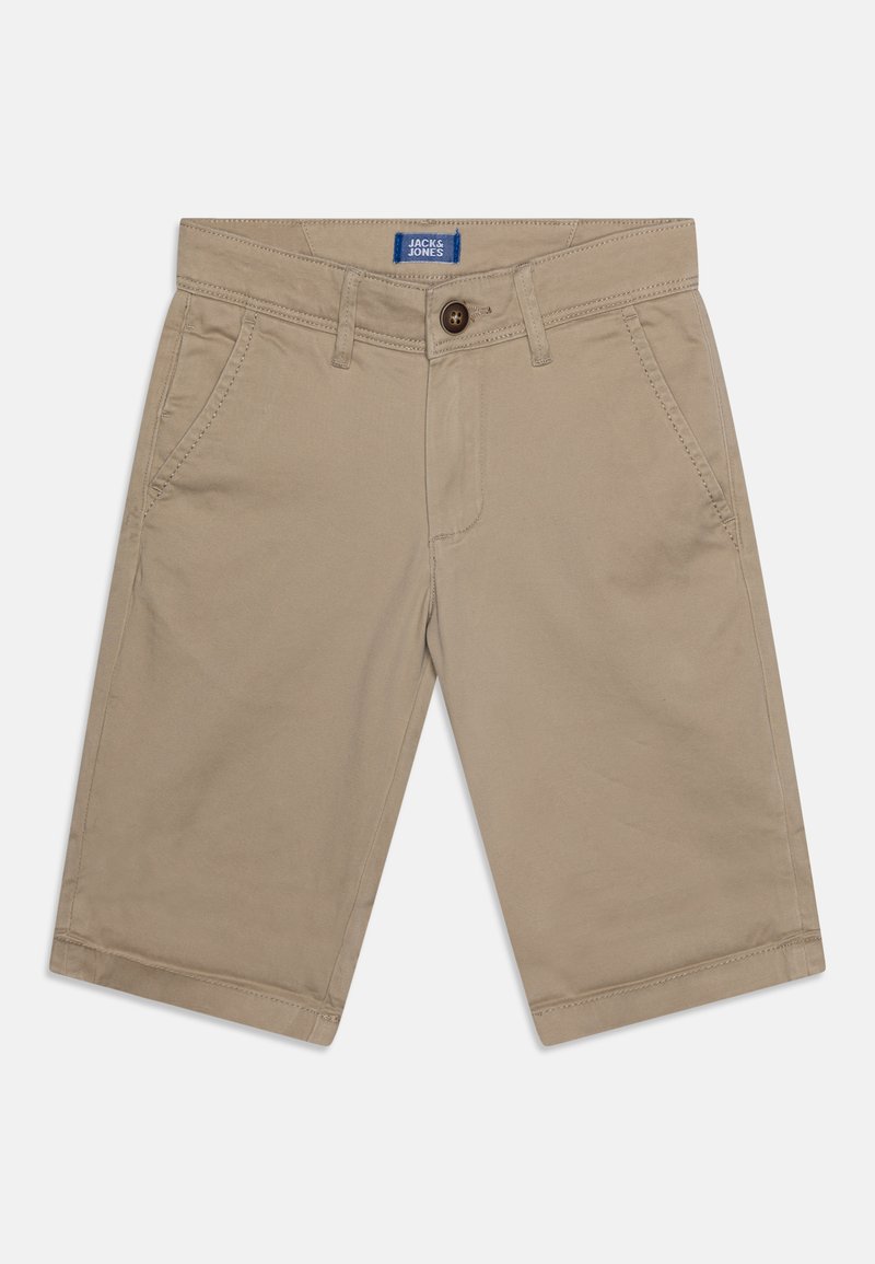 Pantaloni corti beige in twill di cotone, con tasche anteriori, chiusura con bottone e un'etichetta blu con "JACK & JONES" sulla vita.