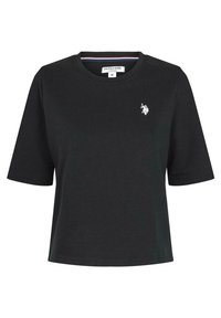 Schwarzes Baumwoll-T-Shirt mit kurzen Ärmeln, rundem Halsausschnitt und einem kleinen weißen Logo auf der Brust. Besitzt einen geraden Saum und eine lockere Passform.