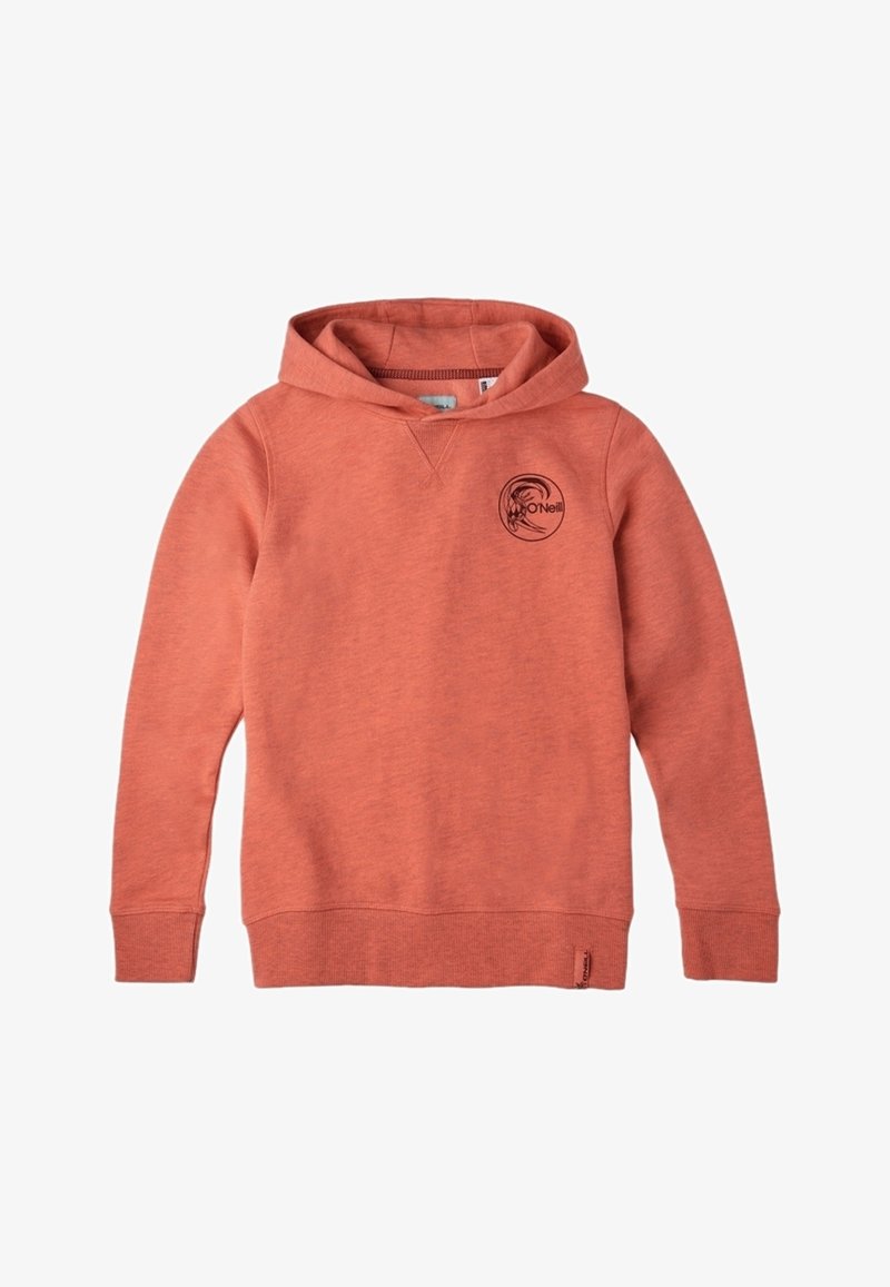 Sweat à capuche corail avec manches longues, poignets et ourlet côtelés, et petit logo noir O'Neill sur la poitrine gauche.
