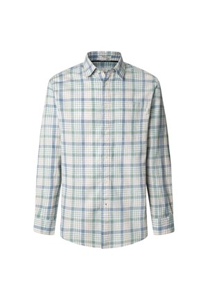 Camisa de cuadros de manga larga en colores claros, con cuadros en azul, verde y blanco. Hecha de algodón, con cuello abotonado y bolsillo en el pecho.