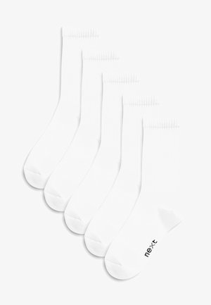 Pack mit fünf weißen Crew-Socken, aus weichem Stoff, mit geripptem Textur am Bündchen und glatter Oberfläche. Markenlogo sichtbar.