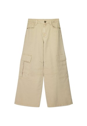 Beige Cargo-Hosen mit weitem Bein, aus strapazierfähigem Stoff. Verfügt über große Seitentaschen und einen klassischen Knopfverschluss an der Taille.