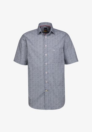 Kurzarmhemd mit Knopfverschluss in Dunkelblau mit einem kleinen weißen Blumenmuster. Mit kontrastierenden roten Knöpfen und einer Brusttasche.