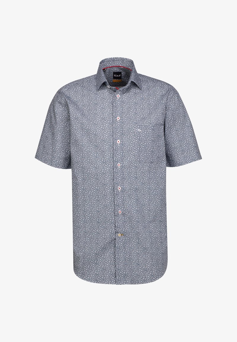 Chemise à manches courtes, à boutons, de couleur bleu foncé avec un petit motif floral blanc. Comprend des boutons rouges contrastants et une poche sur la poitrine.