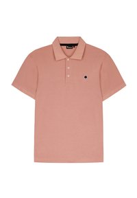Polo in colore rosa polveroso, realizzato in cotone, con un'apertura a due bottoni e un piccolo logo di un albero blu navy sul lato sinistro del petto. Maniche corte.