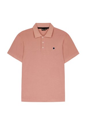 Polo in colore rosa polveroso, realizzato in cotone, con un'apertura a due bottoni e un piccolo logo di un albero blu navy sul lato sinistro del petto. Maniche corte.