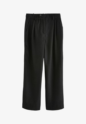 Schwarze Nadelstreifen-Hose mit entspannter Passform, flachem Frontschnitt, Seiten Taschen und elastischem Bund für zusätzlichen Komfort.