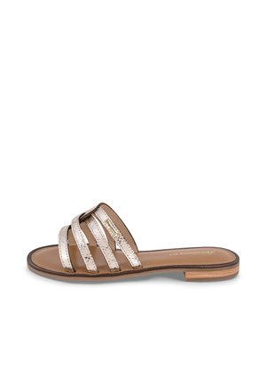 Metallic light gold sandals with four crisscross straps, a brown sole, and a low wooden heel. Soft leather footbed for comfort.